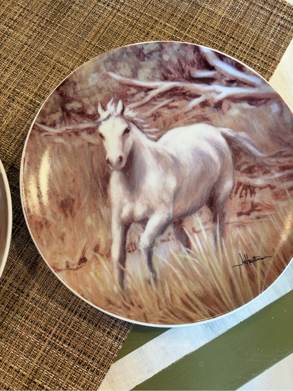 ONE WORLD White Horse Porcelain Display Plate with Brown and Cream Tones
